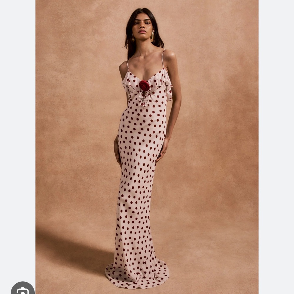 De La Vali ESPERANZA LONG DRESS IN IVORY RED POLKADOT CREPE DE CHINE